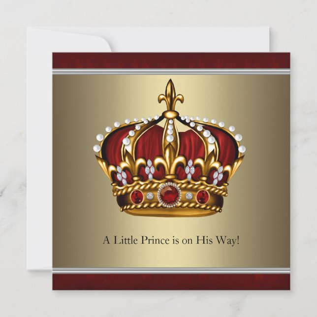 Red Gold Crown Prince Boy Baby Dusche Einladung (Vorderseite)