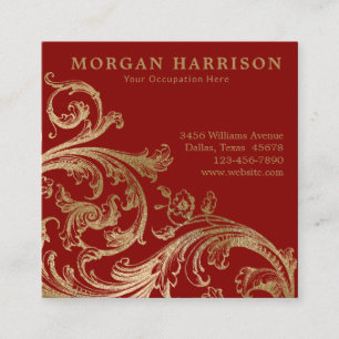Red Gold Damask Barockwirl Quadratische Visitenkarte