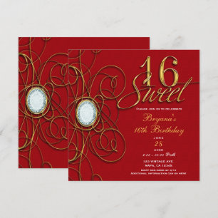 Red & Gold Diamond Sweet 16 Geburtstag Einladung