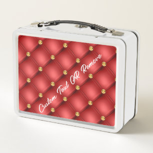 Red Gold Diamond Tuft Metal Lunch Box Custom Text