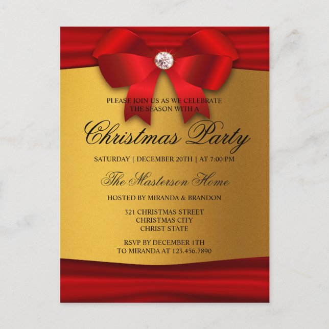 Red, Gold & Diamond Weihnachtszeit-Party Einladung Postkarte (Vorderseite)