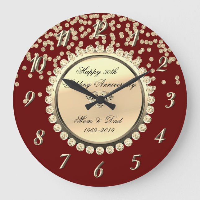 Red Gold Diamonds 25. Hochzeitstag Große Wanduhr (Vorderseite)