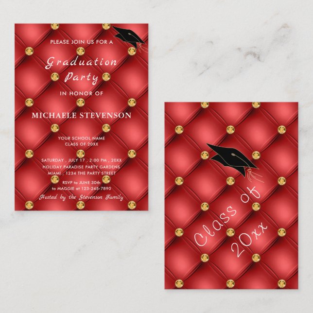 Red Gold Diamonds Tufted Graduation Invitation (Devant / Derrière)