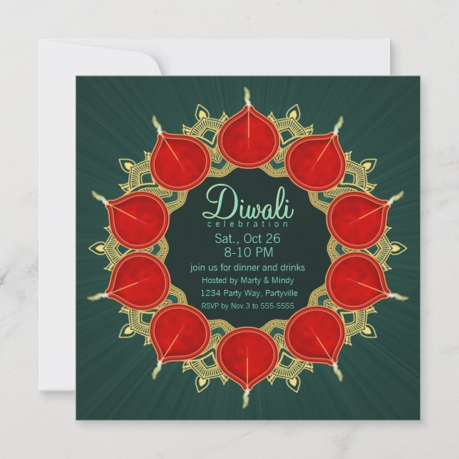Red & Gold Diyas Mandala Diwali auf Aquamarin Einladung (Vorderseite)