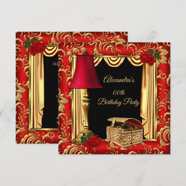 Red Gold Drapes Rose Lampenjuwel Box Geburtstag Einladung (Vorne/Hinten)
