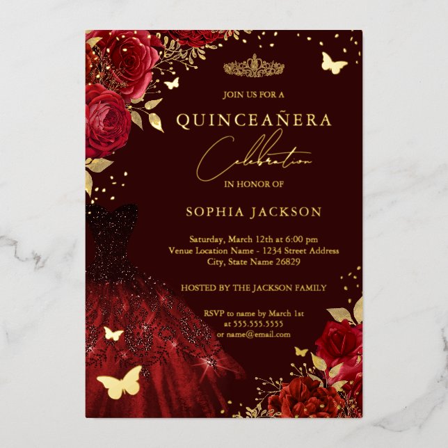 Red Gold Dress Floral Butterfly Quinceanera Folieneinladung (Vorderseite)