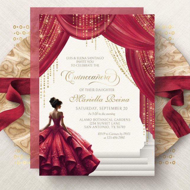 Red Gold Dress Modern Quinceanera Einladung (Von Creator hochgeladen)