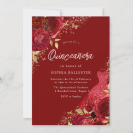 Red & Gold Dress & Rose Quinceanera Party Einladung