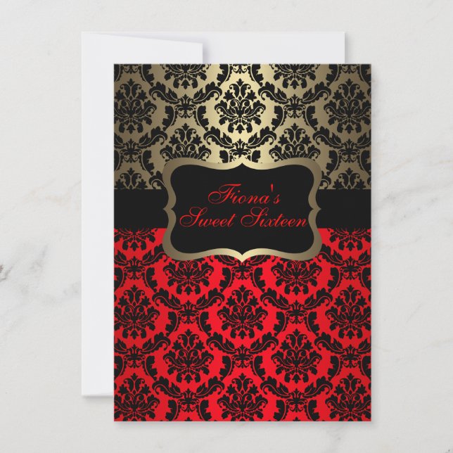 Red & Gold Elegant Damask Invitation d'anniversair (Devant)