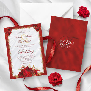 Red Gold Elegante Monogram Rose Formal Wedding Einladung