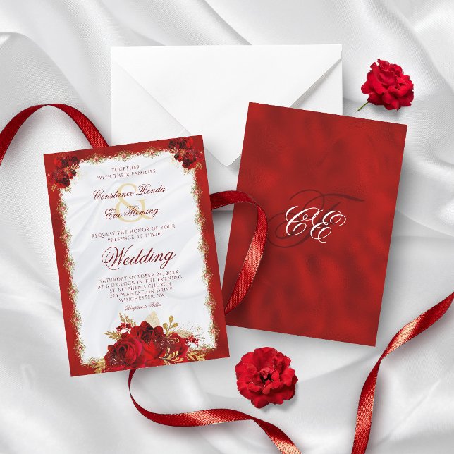 Red Gold Elegante Monogram Rose Formal Wedding Einladung (Von Creator hochgeladen)