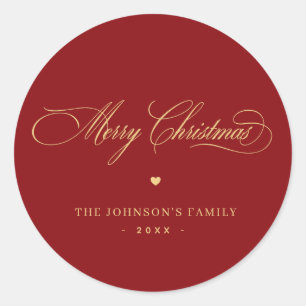 Red & Gold Elegante Script Freude Weihnachten Cust Runder Aufkleber