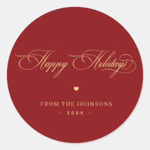 Red & Gold Elegante Script Happy Holidays Custom Runder Aufkleber