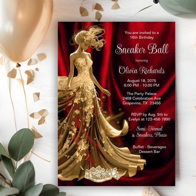 Red Gold Eleganter Sneaker Ball Einladung (Elegant red gold sneaker ball invitation. All text, font and wording can be changed.)