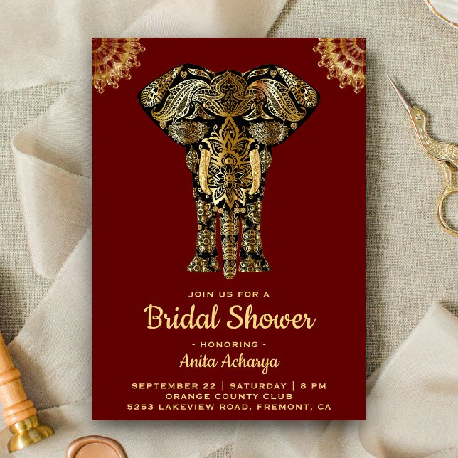 Red Gold Elephant Indian Bridal Dusche Einladung (Von Creator hochgeladen)