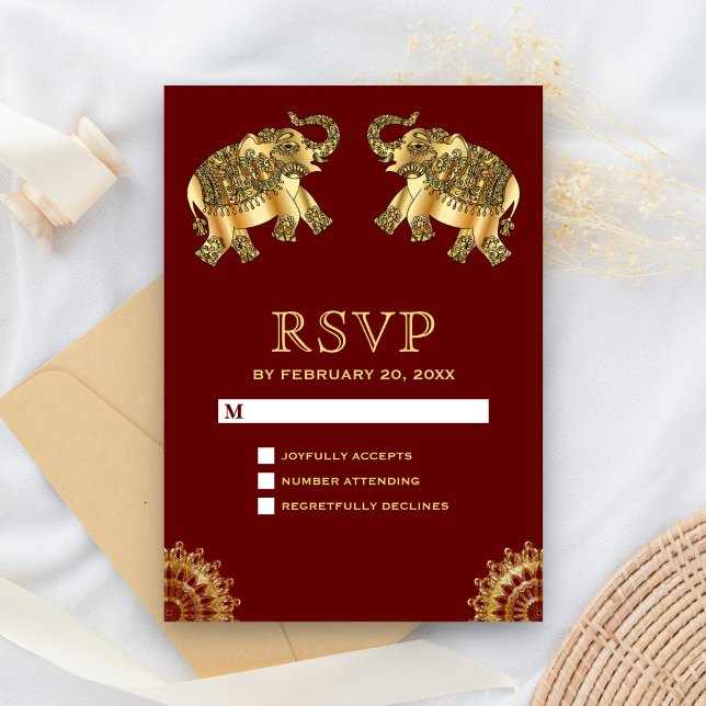 Red Gold Ethnic Elephants indische UAWG RSVP Karte (Von Creator hochgeladen)
