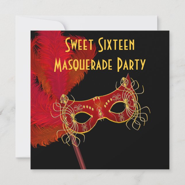 Red Gold Feather Maske Sweet 16 Masquerade Party Einladung (Vorderseite)