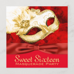 Red Gold Feather Masquerade Party Einladung