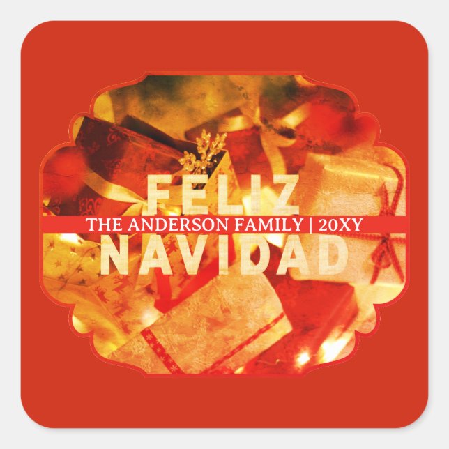  Red Gold Feliz Navidad Modern Merry Christmas Quadratischer Aufkleber (Vorderseite)