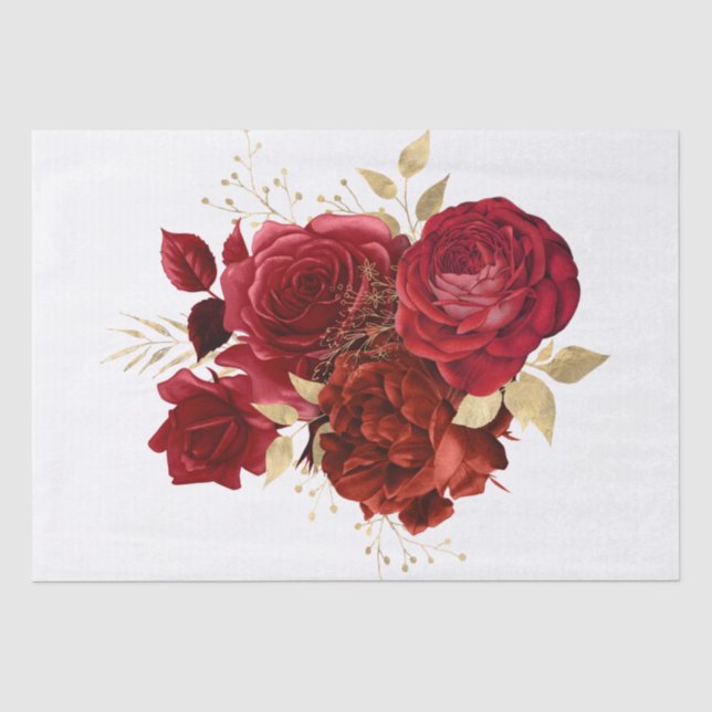 Red Gold Floral Bouquet Wasserfarbe Decoupage Seidenpapier (Vorderseite)