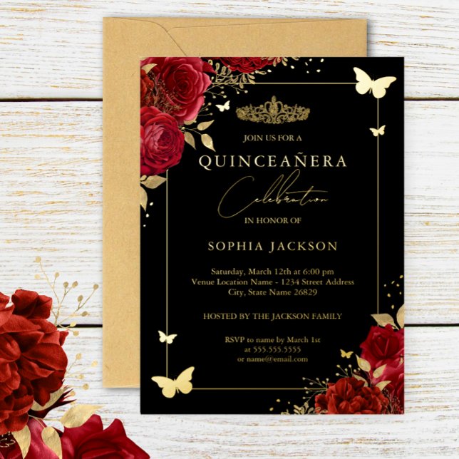 Red Gold Floral Butterfly Tiara Quinceanera Folieneinladung (Von Creator hochgeladen)