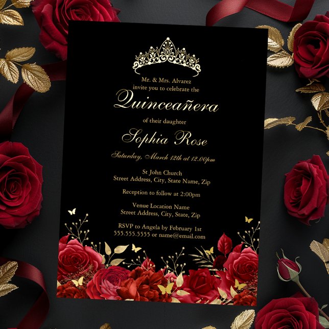 Red Gold Floral Butterfly Tiara Quinceanera Folieneinladung (Von Creator hochgeladen)