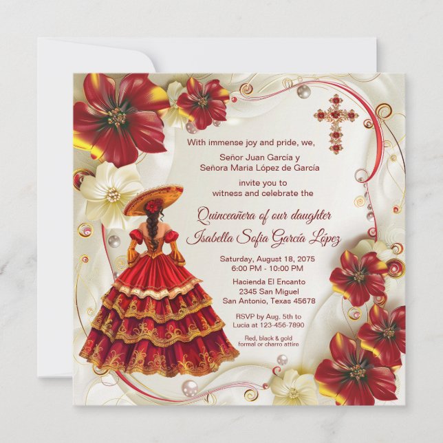 Red Gold Floral Charra Quinceanera Einladung (Vorderseite)