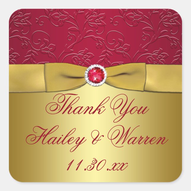 Red, Gold Floral Gastgeschenk Hochzeit Danke Stick Quadratischer Aufkleber (Vorderseite)