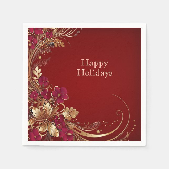 Red Gold Floral Holiday Napkin Serviette (Vorderseite)