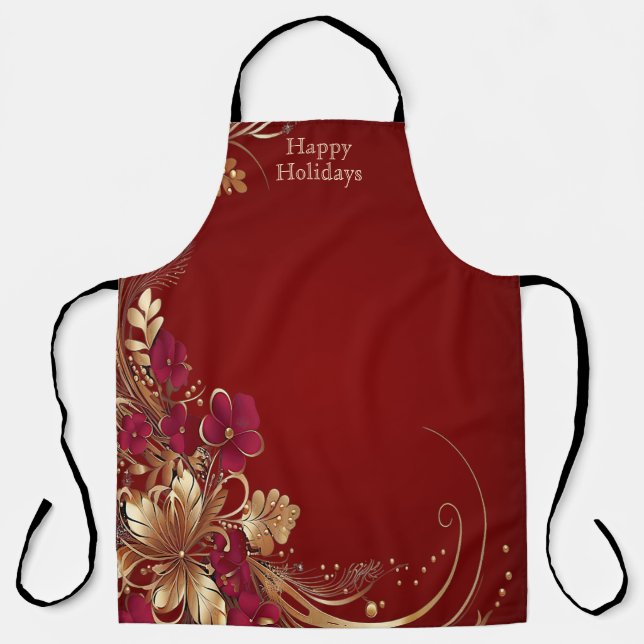 Red Gold Floral Holiday Schürze (Vorderseite)