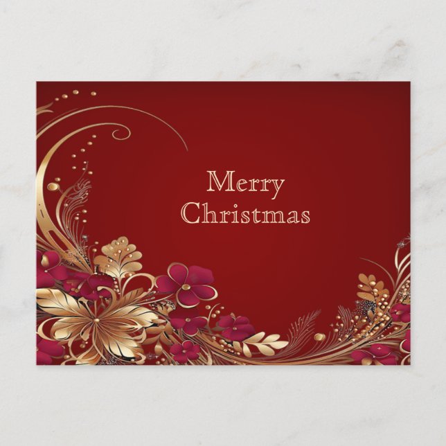Red Gold Floral Holiday Weihnachten Postkarte (Vorderseite)