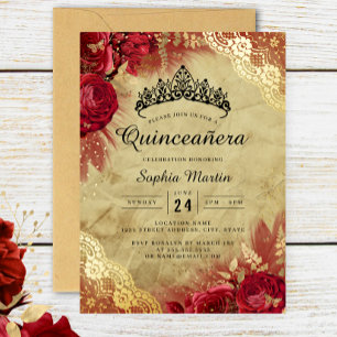 Red Gold Floral Lace Quinceanera Folieneinladung