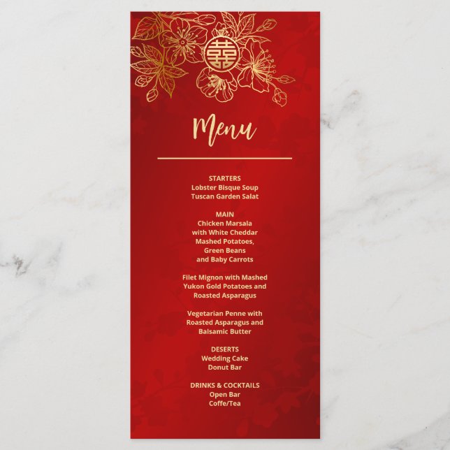 Red Gold Floral Line Chinesische Hochzeit Menükarte (Vorderseite)