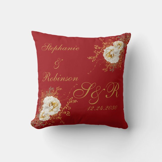 Red Gold Floral Monogram Logo Wedding Kissen (Vorderseite)