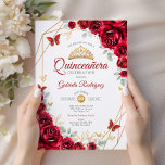 Red Gold Floral Quinceanera Einladung<br><div class="desc">Rot,  Gold und Weiß Quinceanera Feier Einladung. Features,  Skript-Schriftart,  Goldschmetterlinge,  Aquarellfarben-Rose und Tiara. Ideal für eine elegante Glasfeier im Prinzessinnstil. Personalisieren Sie Ihre persönlichen Daten. Gedruckte Zazzle-Einladungen oder Sofortdownload digitaler Druckvorlage.</div>