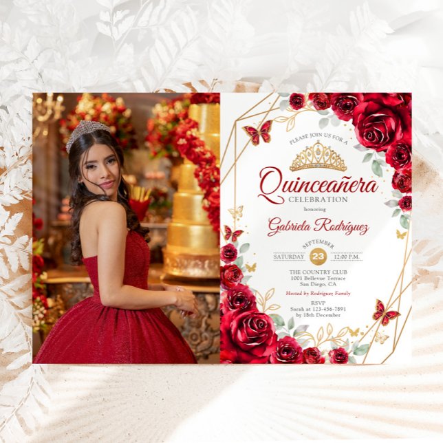 Red Gold Floral Quinceanera Foto Einladung (Von Creator hochgeladen)
