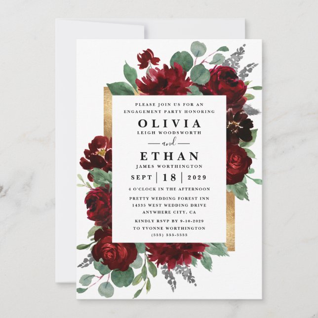 Red Gold Floral Rustic Elegante Engagement Party Einladung (Vorderseite)