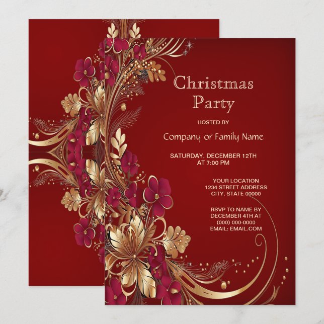 Red Gold Floral Weihnachten Party Einladung (Vorne/Hinten)