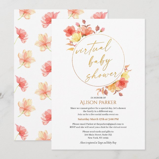 Red Gold Floral Wreath Aquarell Virtual Dusche Einladung (Vorne/Hinten)