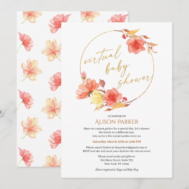 Red Gold Floral Wreath Aquarell Virtual Dusche Einladung (Vorne/Hinten)