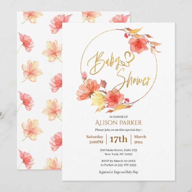 Red Gold Floral Wreath Watercolor Kinderdusche Einladung (Vorne/Hinten)