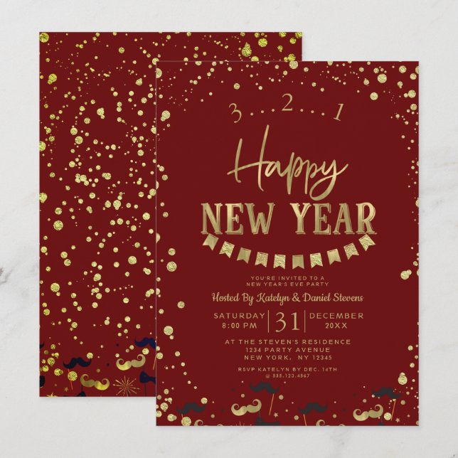 Red & Gold Foil Confetti Silvester Party Einladung (Vorne/Hinten)