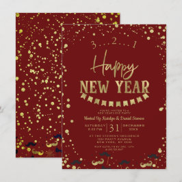Red & Gold Foil Confetti Silvester Party Einladung