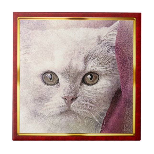 Red & Gold Framed Abstract Cat Print Fliese (Vorderseite)