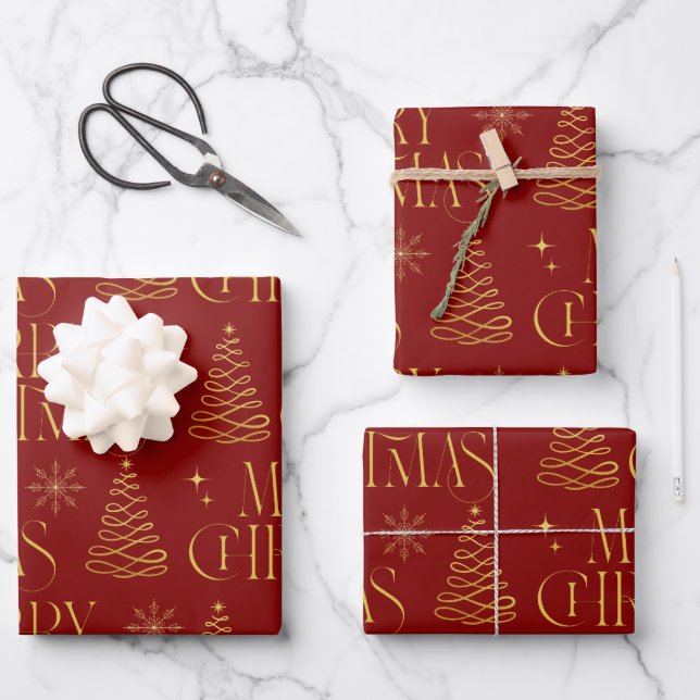 Red Gold Frohe Weihnachtsbaum Snowflake Stilvoll Geschenkpapier Set (Vorderseite)