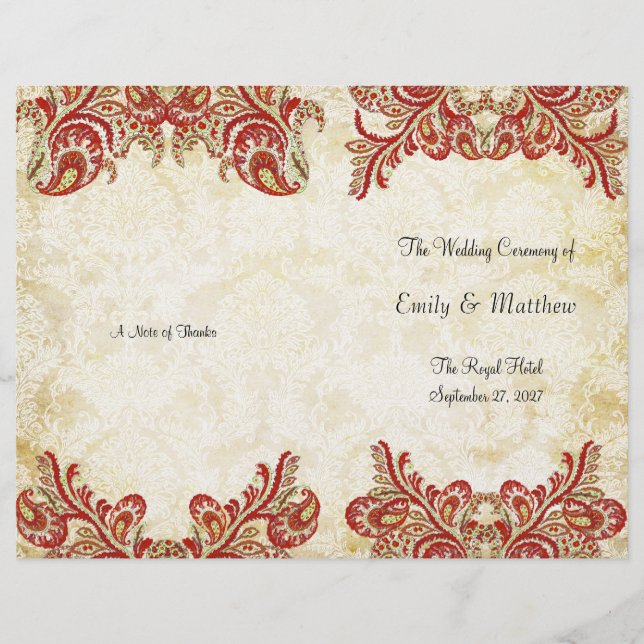 Red Gold Gatsby Paisley Peacock Wedding Program (Vorderseite)