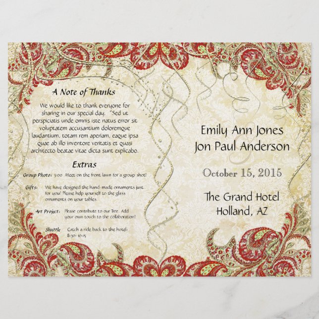 Red Gold Gatsby Paisley Peacock Wedding Program (Vorderseite)
