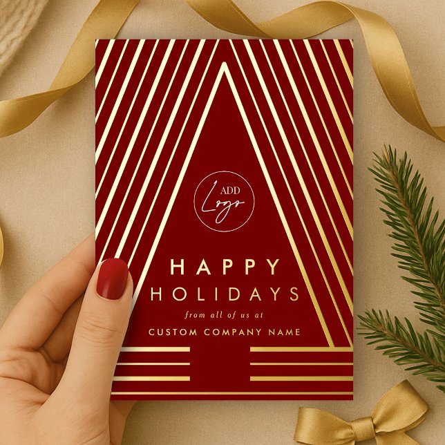 Red & Gold Geometric Weihnachten Folien Feiertagskarte (Professional Christmas tree red and gold foil corporate logo holiday cards)