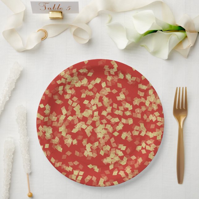 Red Gold Glam Confetti Pappteller (Hochzeit)