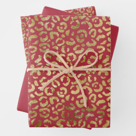 Red Gold Glam Leopard Print Geschenkpapier Set